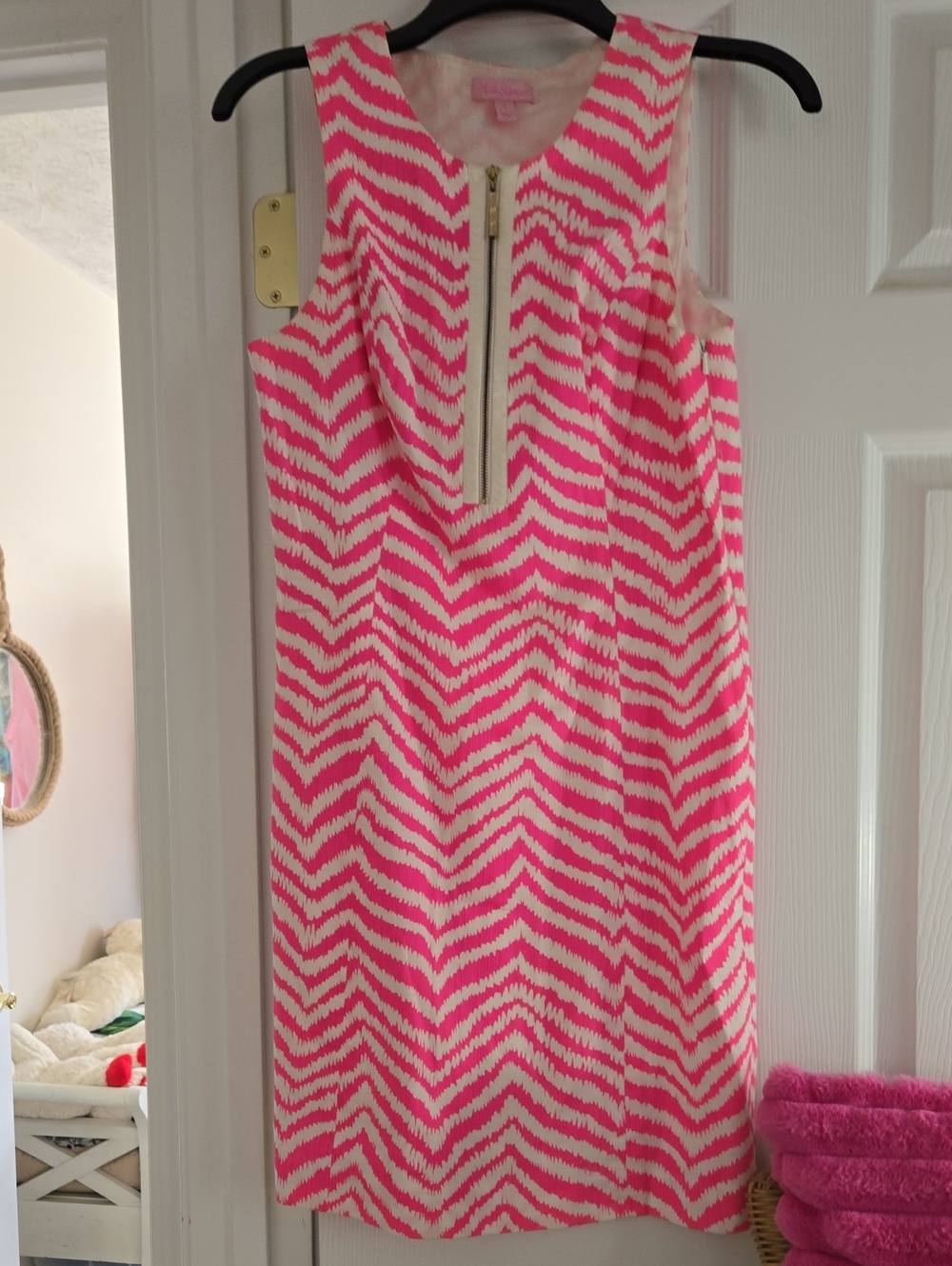 Lilly Pulitzer Pink and White Chevron Sleeveless Dress with Front Zip